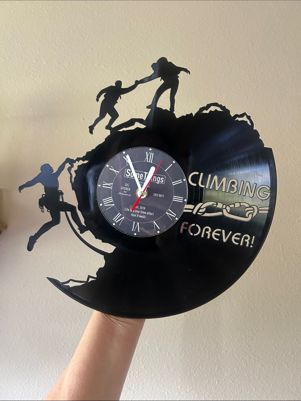 Laser Cut Rock Climbing & Mountain Silhouettes On Vintage Vinyl Record Clock